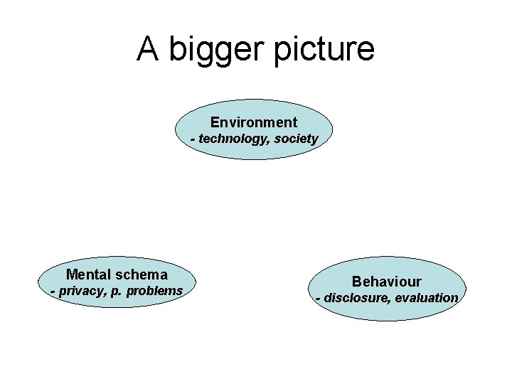 A bigger picture Environment - technology, society Mental schema - privacy, p. problems Behaviour