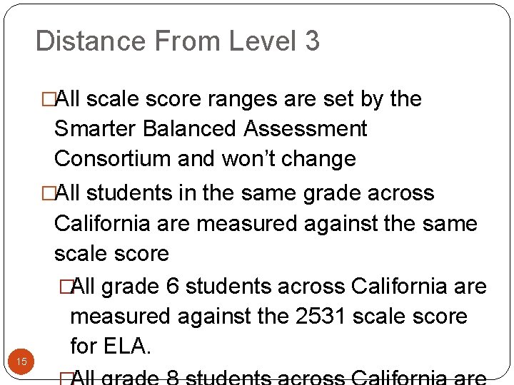 Distance From Level 3 �All scale score ranges are set by the Smarter Balanced