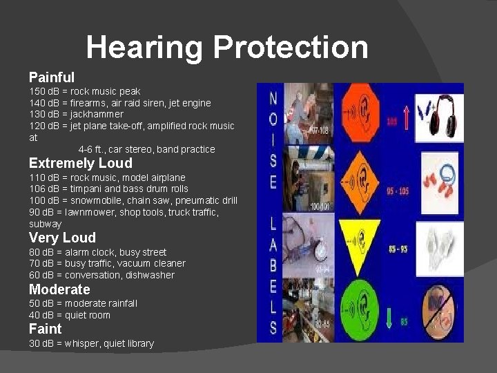 Hearing Protection Painful 150 d. B = rock music peak 140 d. B =