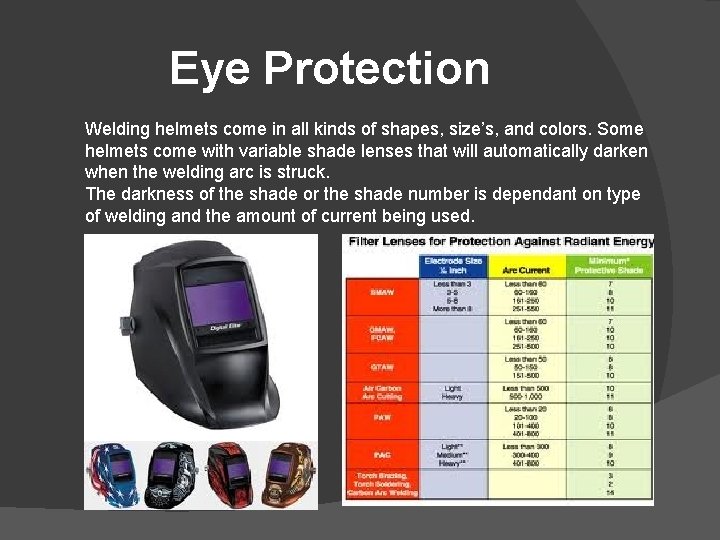 Eye Protection Welding helmets come in all kinds of shapes, size’s, and colors. Some