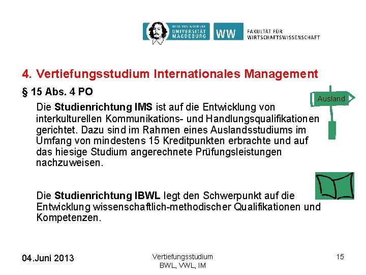 4. Vertiefungsstudium Internationales Management § 15 Abs. 4 PO Ausland Die Studienrichtung IMS ist