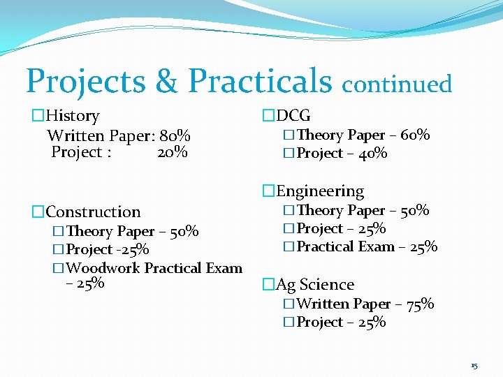 Projects & Practicals continued �History Written Paper: 80% Project : 20% �DCG �Theory Paper