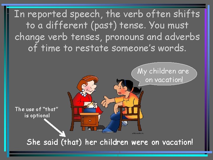 In reported speech, the verb often shifts to a different (past) tense. You must