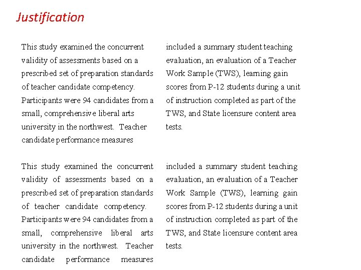 Justification This study examined the concurrent included a summary student teaching validity of assessments