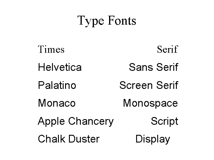 Type Fonts Times Helvetica Serif Sans Serif Palatino Screen Serif Monaco Monospace Apple Chancery
