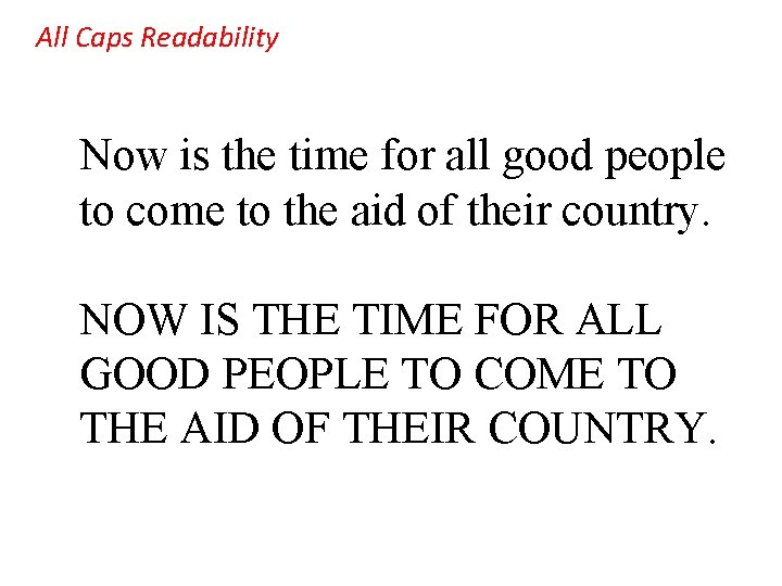 All Caps Readability Now is the time for all good people to come to