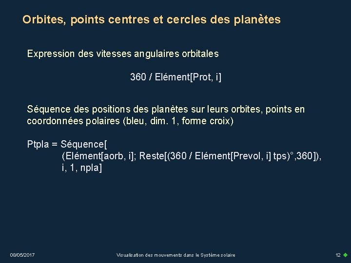 Orbites, points centres et cercles des planètes Expression des vitesses angulaires orbitales 360 /