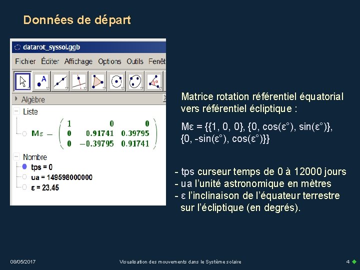 Données de départ Matrice rotation référentiel équatorial vers référentiel écliptique : Mε = {{1,