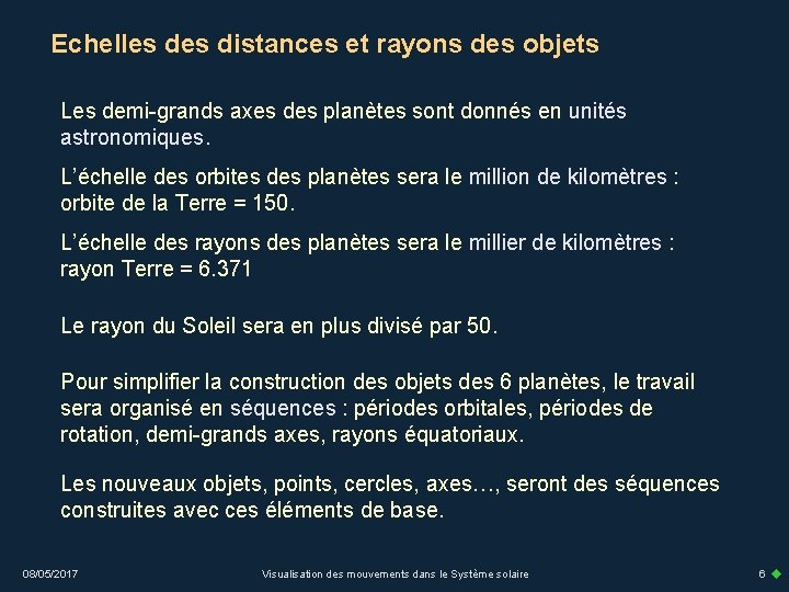 Echelles distances et rayons des objets Les demi-grands axes des planètes sont donnés en