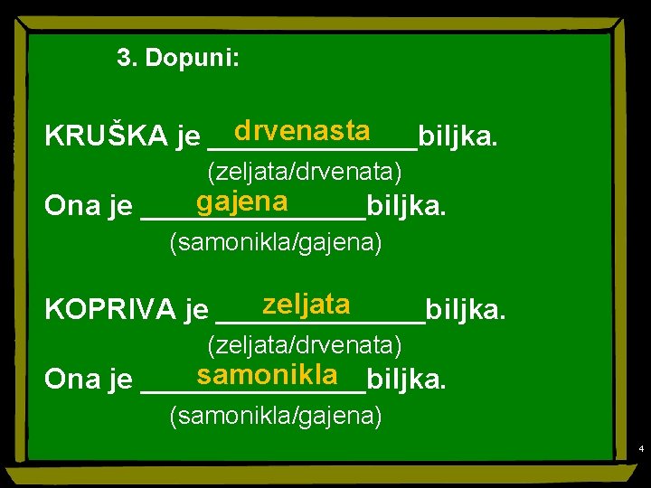3. Dopuni: drvenasta KRUŠKA je _______biljka. (zeljata/drvenata) gajena Ona je _______biljka. (samonikla/gajena) zeljata KOPRIVA