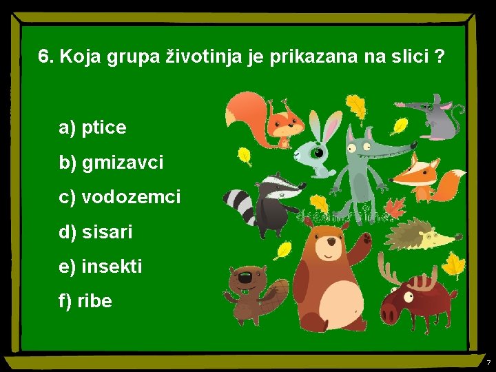 6. Koja grupa životinja je prikazana na slici ? a) ptice b) gmizavci c)