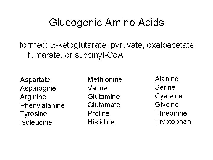 Glucogenic Amino Acids formed: a-ketoglutarate, pyruvate, oxaloacetate, fumarate, or succinyl-Co. A Aspartate Asparagine Arginine