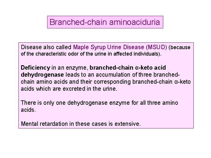 Branched-chain aminoaciduria Disease also called Maple Syrup Urine Disease (MSUD) (because of the characteristic