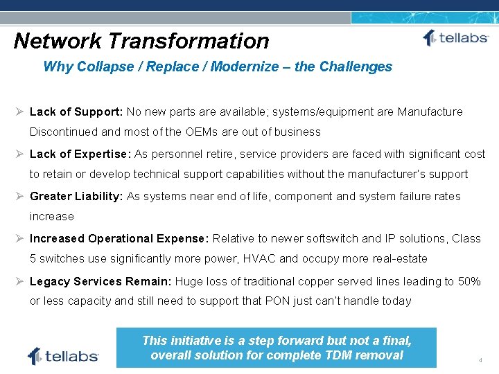 ACCESS FOR TODAY. CONNECTED FOR TOMORROW. Network Transformation Why Collapse / Replace / Modernize