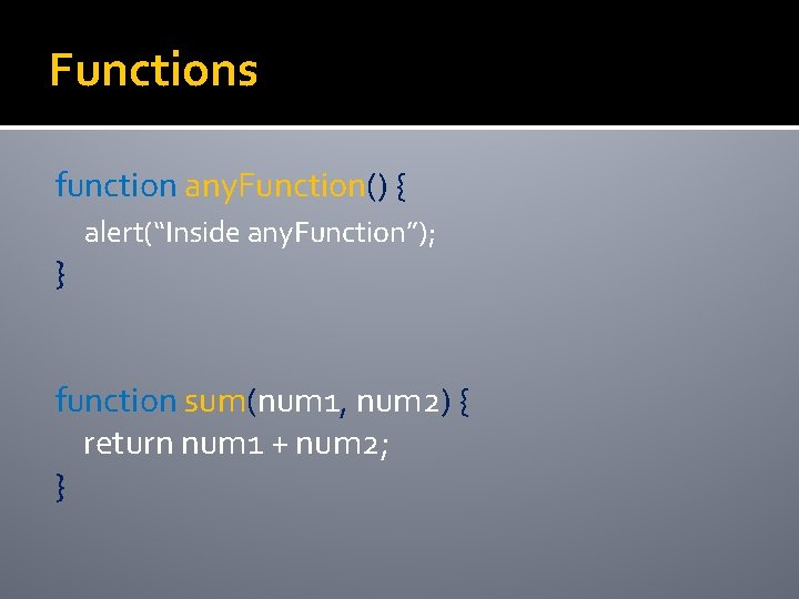 Functions function any. Function() { } alert(“Inside any. Function”); function sum(num 1, num 2)