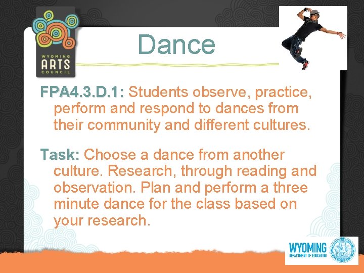 Dance FPA 4. 3. D. 1: Students observe, practice, perform and respond to dances