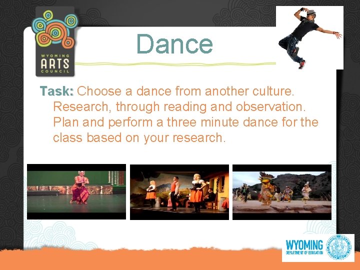 Dance Task: Choose a dance from another culture. Research, through reading and observation. Plan