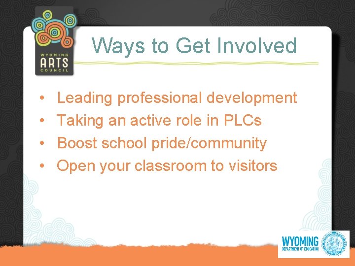 Ways to Get Involved • • Leading professional development Taking an active role in