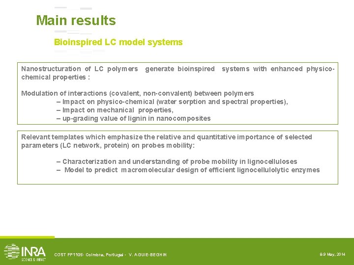 Main results Bioinspired LC model systems Nanostructuration of LC polymers chemical properties : generate