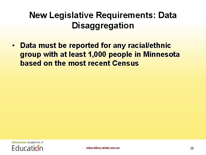 New Legislative Requirements: Data Disaggregation • Data must be reported for any racial/ethnic group