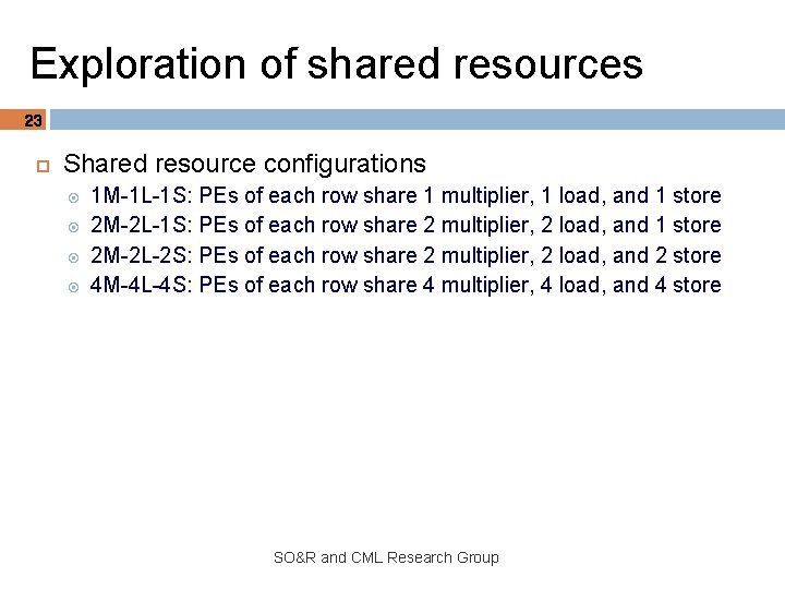 Exploration of shared resources 23 Shared resource configurations 1 M-1 L-1 S: PEs of