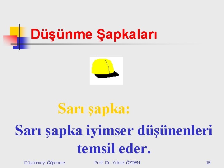 Düşünme Şapkaları Sarı şapka: Sarı şapka iyimser düşünenleri temsil eder. Düşünmeyi Öğrenme Prof. Dr.