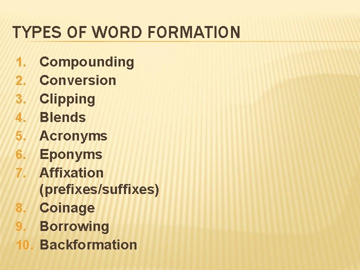 TYPES OF WORD FORMATION 1. 2. 3. 4. 5. 6. 7. 8. 9. 10.