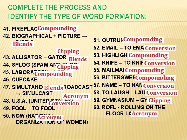 COMPLETE THE PROCESS AND IDENTIFY THE TYPE OF WORD FORMATION: 41. FIREPLACE 42. BIOGRAPHICAL