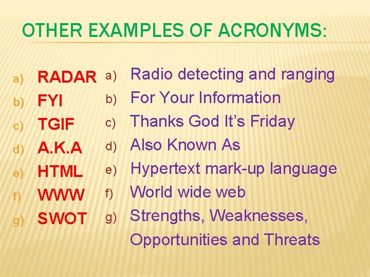 OTHER EXAMPLES OF ACRONYMS: a) b) c) d) e) f) g) RADAR FYI TGIF