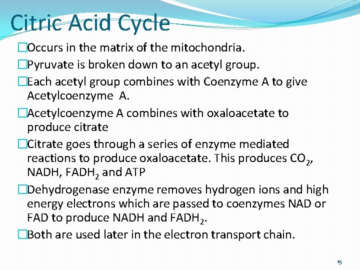 Citric Acid Cycle �Occurs in the matrix of the mitochondria. �Pyruvate is broken down