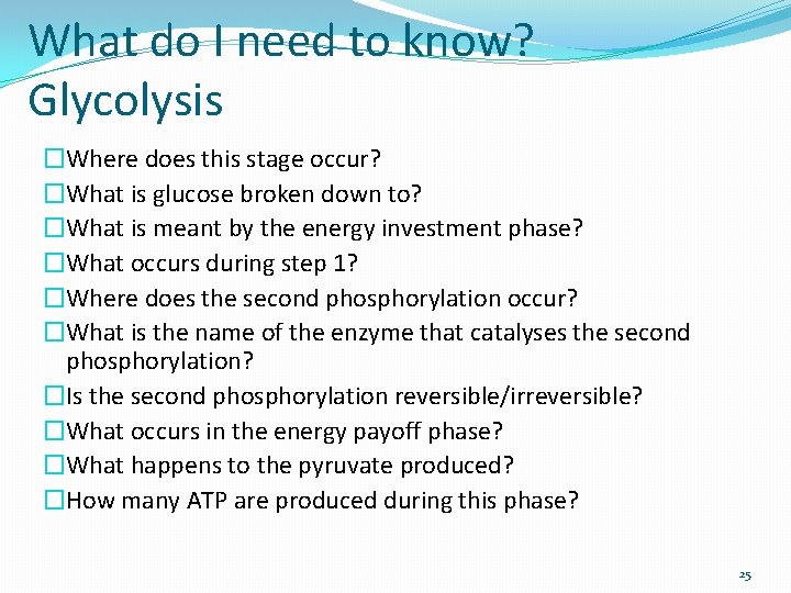 What do I need to know? Glycolysis �Where does this stage occur? �What is