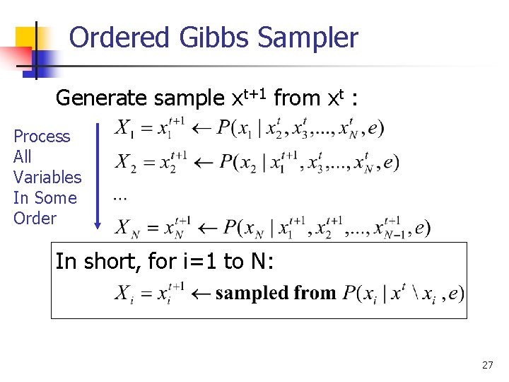 Ordered Gibbs Sampler Generate sample xt+1 from xt : Process All Variables In Some