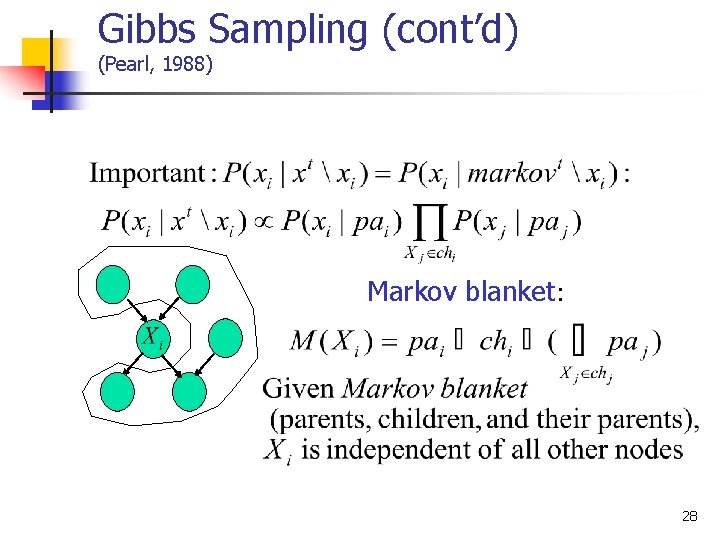 Gibbs Sampling (cont’d) (Pearl, 1988) Markov blanket: 28 