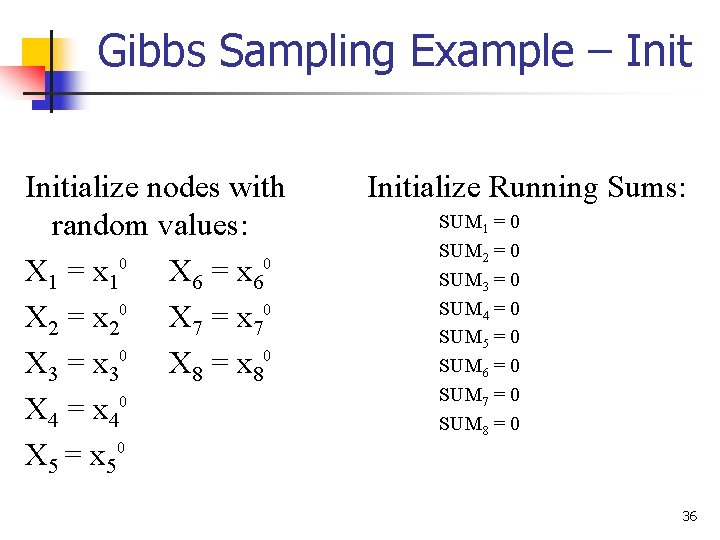 Gibbs Sampling Example – Initialize nodes with random values: X 1 = x 10