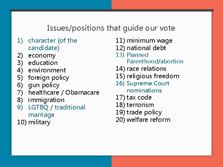 Issues/positions that guide our vote 1) character (of the candidate) 2) economy 3) education