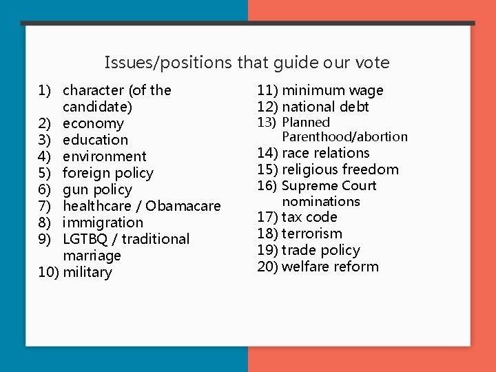 Issues/positions that guide our vote 1) character (of the candidate) 2) economy 3) education
