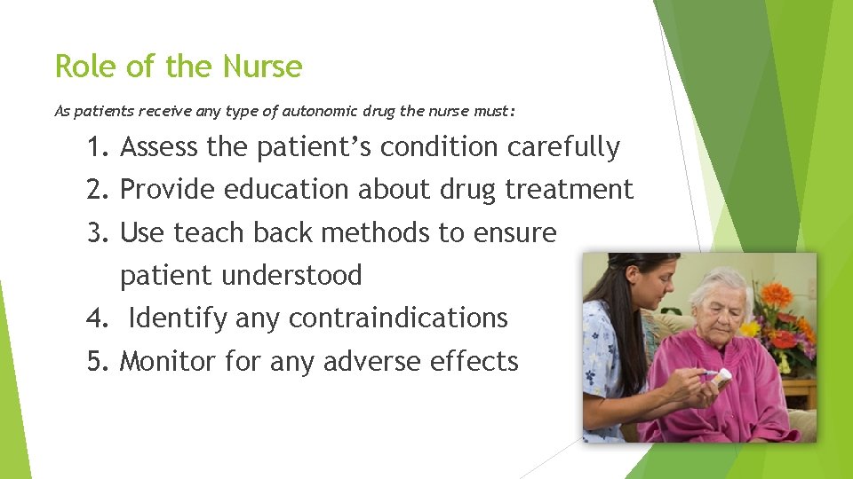 Role of the Nurse As patients receive any type of autonomic drug the nurse