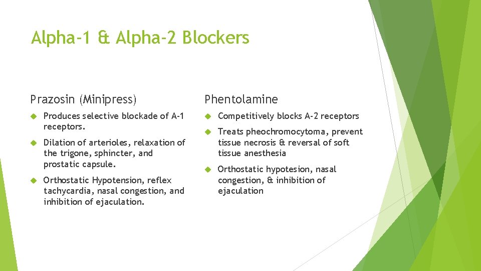 Alpha-1 & Alpha-2 Blockers Prazosin (Minipress) Produces selective blockade of A-1 receptors. Dilation of
