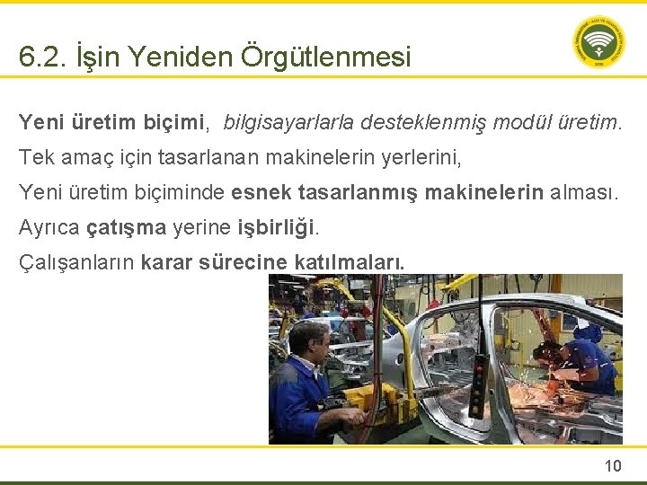 6. 2. İşin Yeniden Örgütlenmesi Yeni üretim biçimi, bilgisayarlarla desteklenmiş modül üretim. Tek amaç