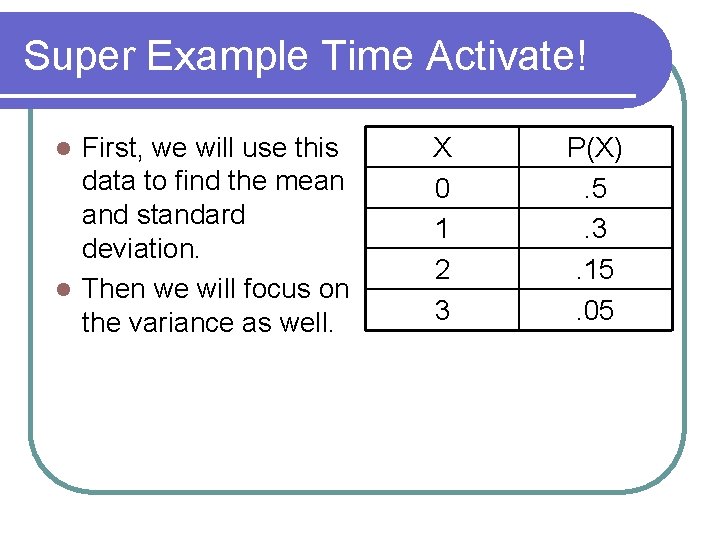 Super Example Time Activate! First, we will use this data to find the mean