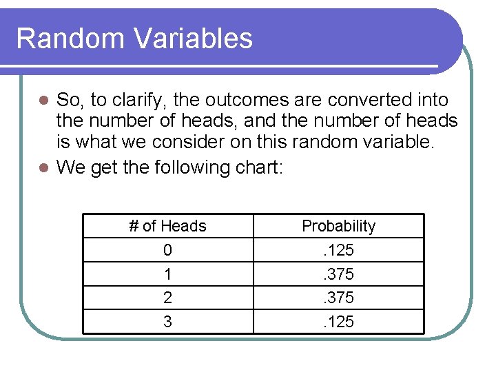 Random Variables So, to clarify, the outcomes are converted into the number of heads,