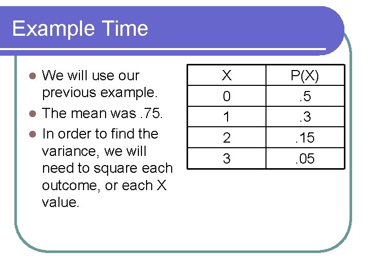 Example Time We will use our previous example. l The mean was. 75. l