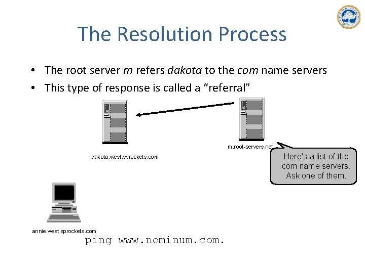 The Resolution Process • The root server m refers dakota to the com name