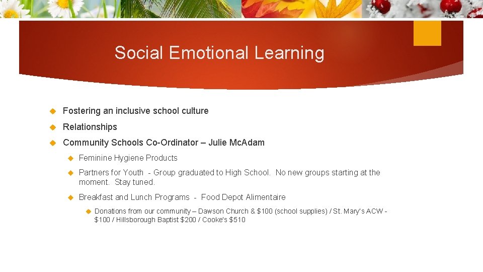 Social Emotional Learning Fostering an inclusive school culture Relationships Community Schools Co-Ordinator – Julie