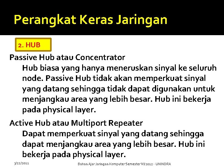 Perangkat Keras Jaringan 2. HUB Passive Hub atau Concentrator Hub biasa yang hanya meneruskan