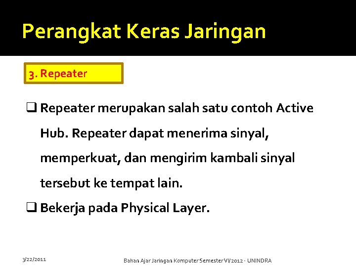 Perangkat Keras Jaringan 3. Repeater q Repeater merupakan salah satu contoh Active Hub. Repeater