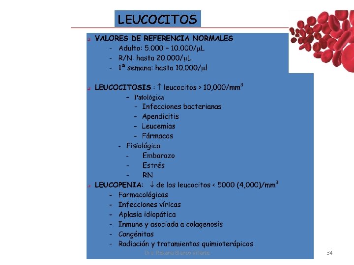 LEUCOCITOS Dra. Roxana Blanco Villarte 34 LEUCOCITOS Dra. Roxana Blanco Villarte 34