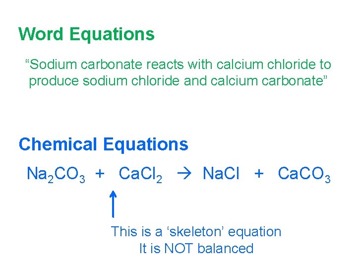 Word Equations “Sodium carbonate reacts with calcium chloride to produce sodium chloride and calcium