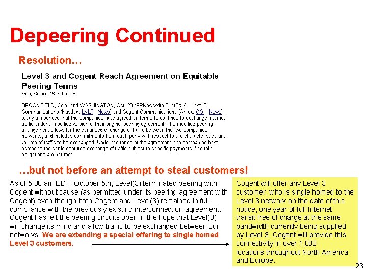 Depeering Continued Resolution… …but not before an attempt to steal customers! As of 5: