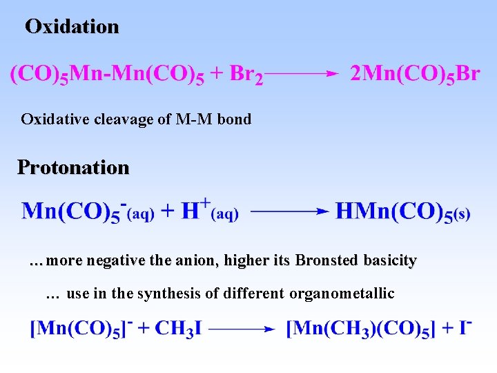 Oxidation Oxidative cleavage of M-M bond Protonation …more negative the anion, higher its Bronsted